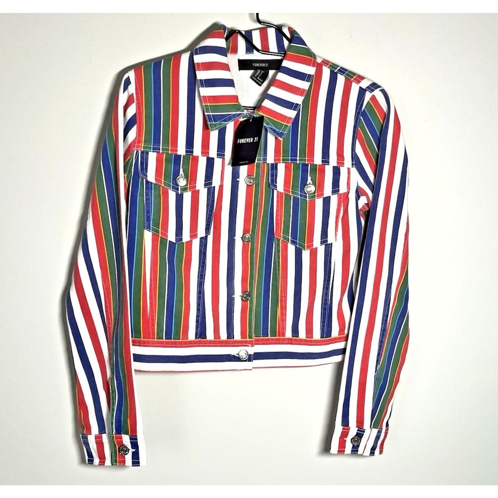 Forever 21 Womens Small Denim Striped Cropped Jacket Red Green White Blue Gold